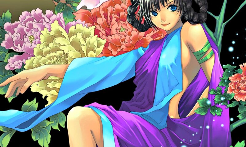 Anime Woman with Flowers — Purple, Serene, Night