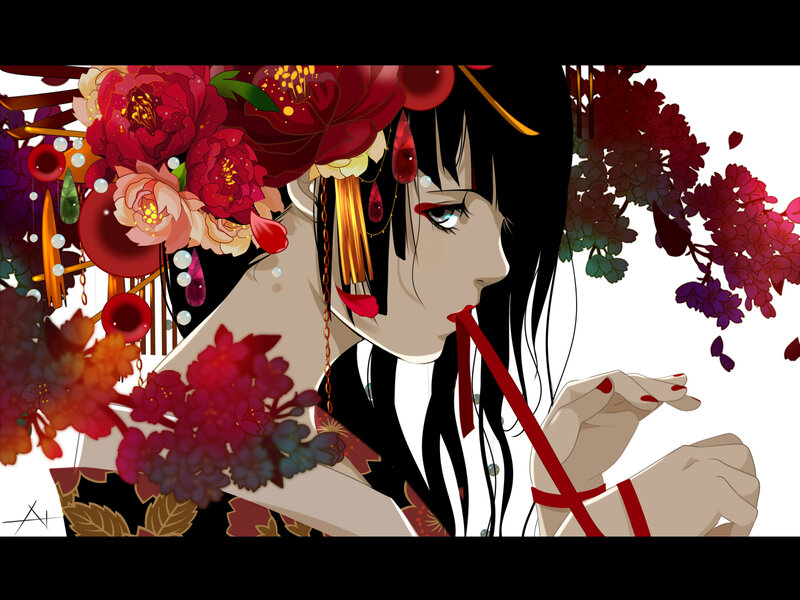 Anime Woman with Flowers — Red, Dramatic, Digital Art