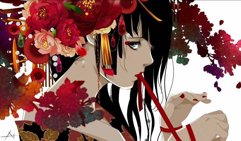 Anime Woman with Flowers — Red, Dramatic, Manga
