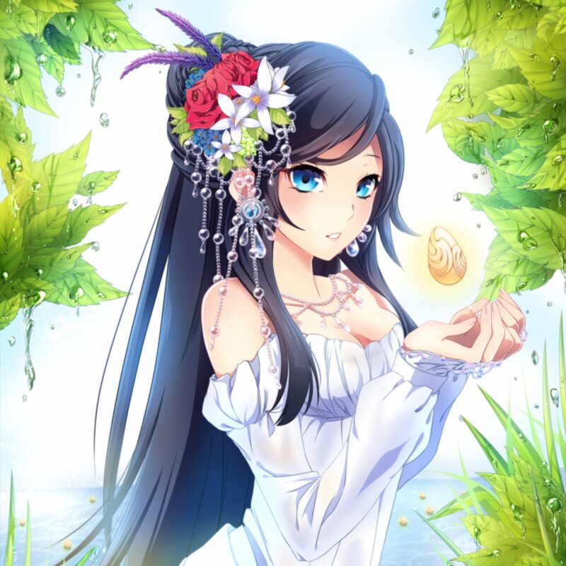 Anime Woman with Flowers — White, Serene, Morning
