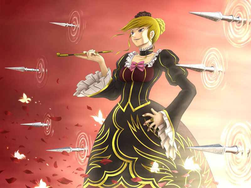 anime woman with flying spears