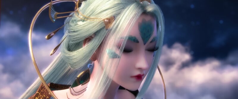 Anime Woman with Green Hair — Serene, Night, 3d Render