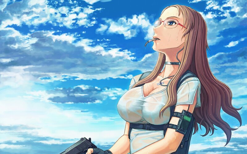 anime woman with gun and glasses
