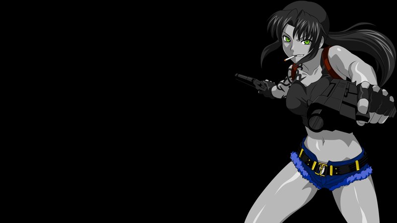 Anime Woman with Gun — Black, Dark, Cigarette