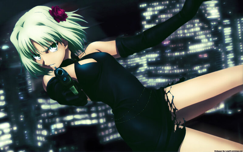 Anime Woman with Gun — Black, Dramatic, Night, Rose