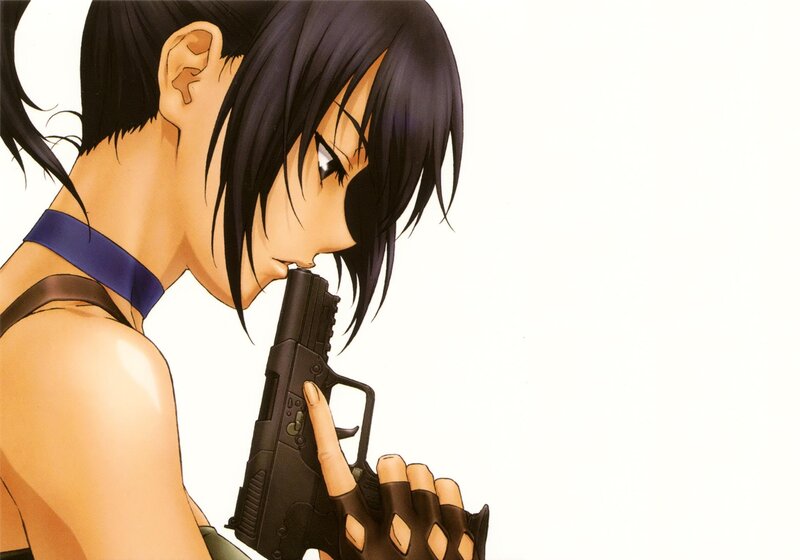 Anime Woman with Gun — Black, Serious