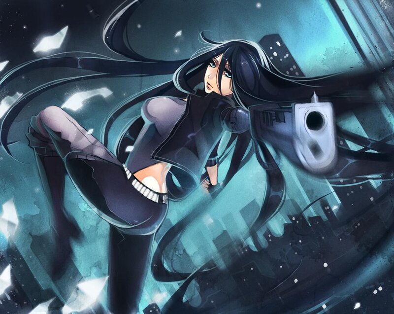 Anime Woman with Gun — Blue, Dramatic, Night, Cityscape