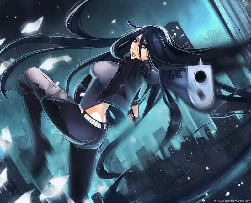 Anime Woman with Gun — Blue, Dramatic, Night, Digital Art, Cityscape