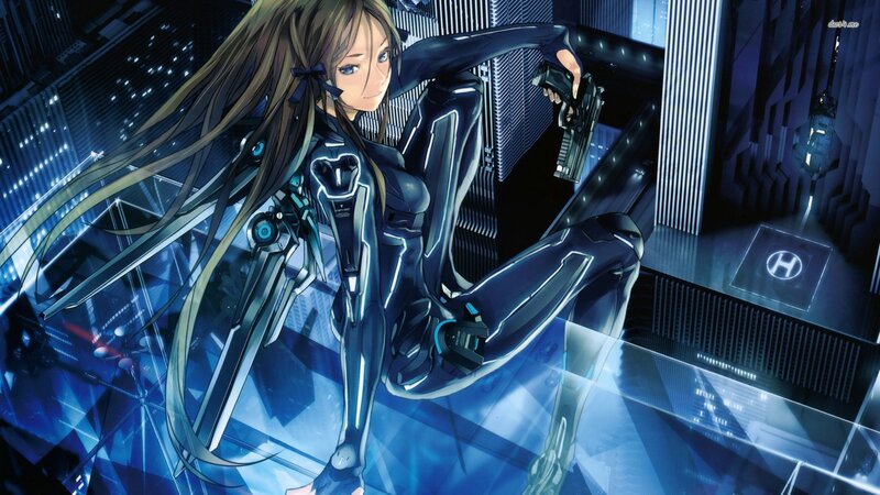 Anime Woman with Gun — Blue, Dramatic, Night, Digital Art, Cybernetic Suit