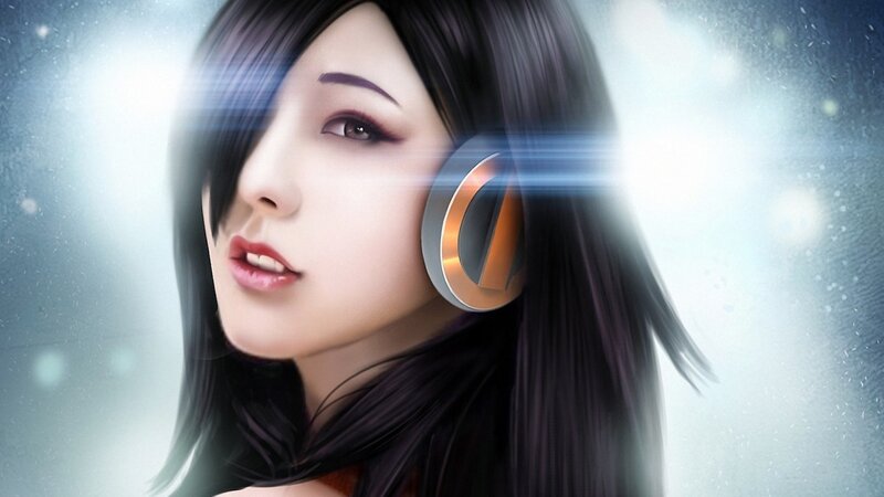 Anime Woman with Headphones — Black, Dramatic