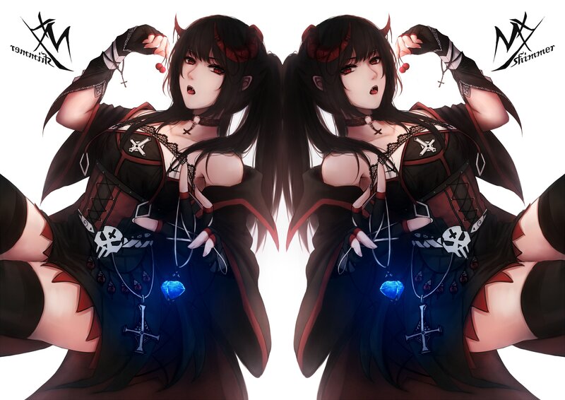 Anime Woman with Horns — Black, Dramatic, Digital Art, Skull Necklace