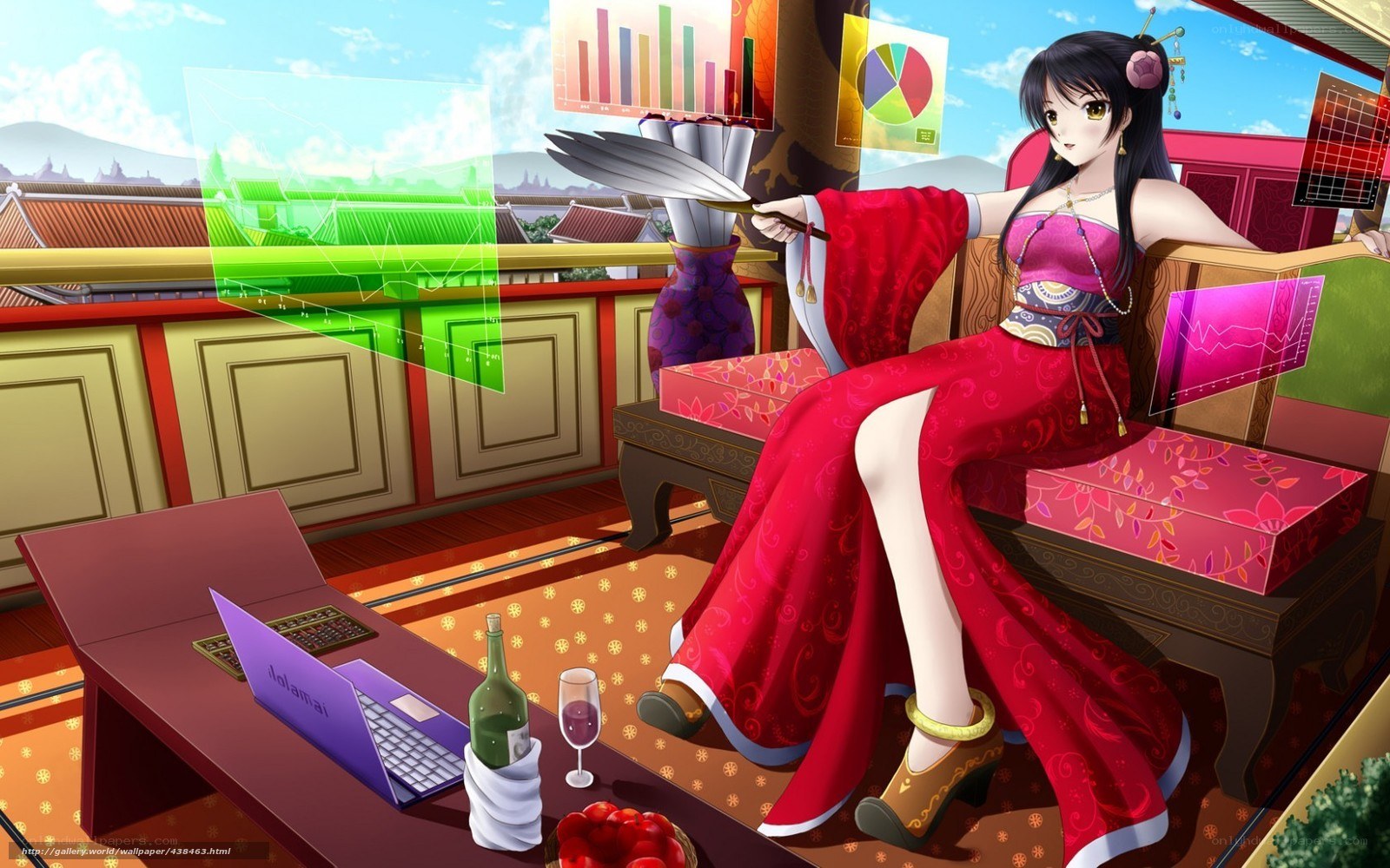 Anime woman with laptop and graphs