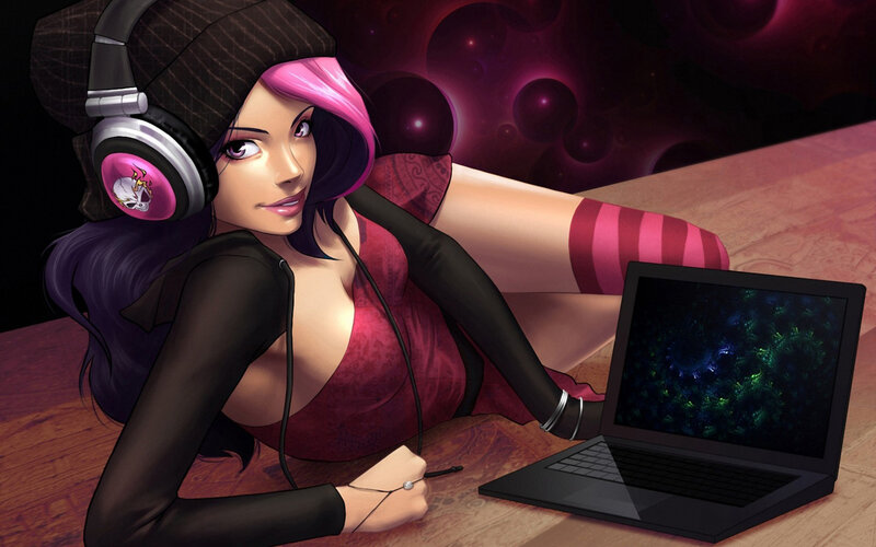 Anime Woman with Laptop — Purple