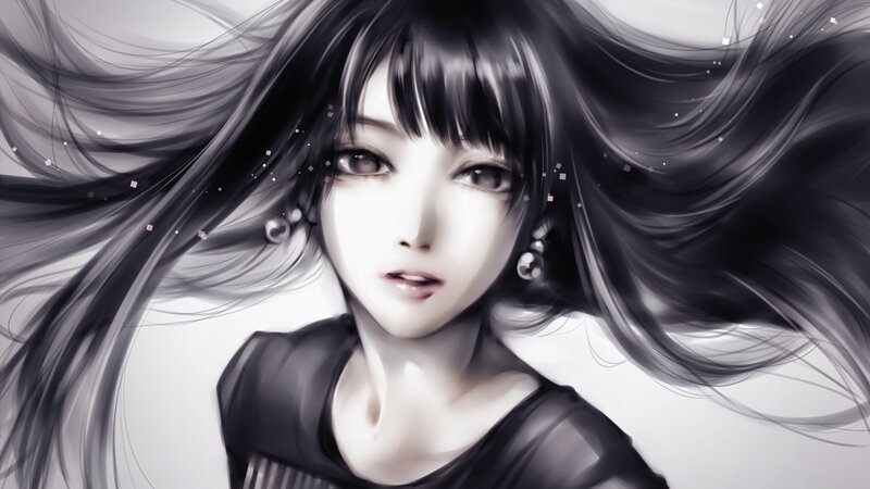 Anime Woman with Long Hair — Black, Dramatic, Digital Art, Earrings