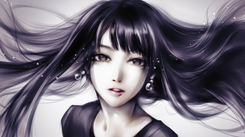 Anime Woman with Long Hair — Black, Dramatic, Digital Art, Eyes