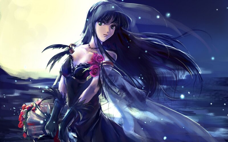Anime Woman with Long Hair — Black, Dramatic, Night, Digital Art