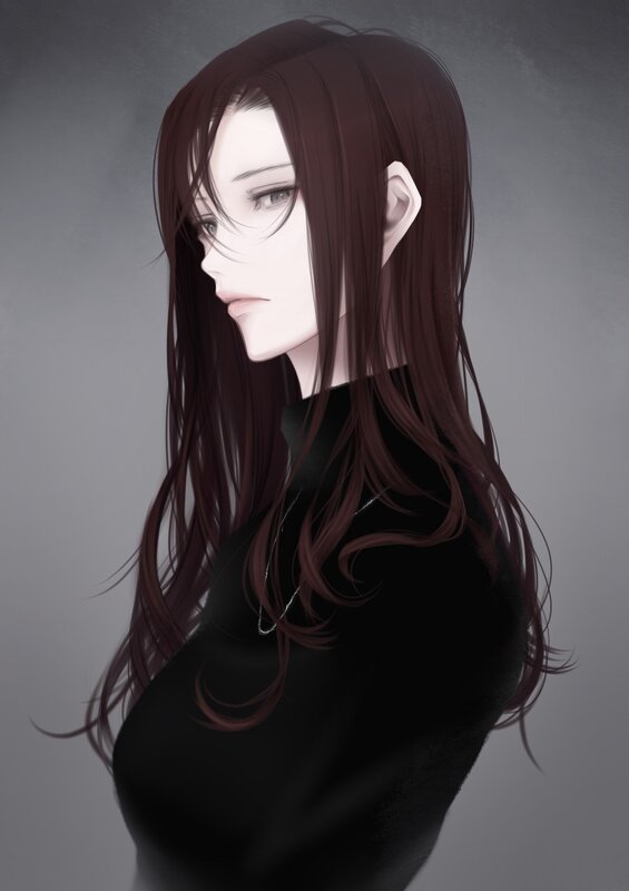 Anime Woman with Long Hair — Black, Neutral, Digital Art