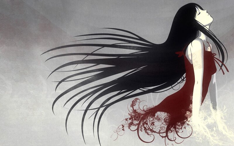 Anime Woman with Long Hair — Black, Serene, Digital Art