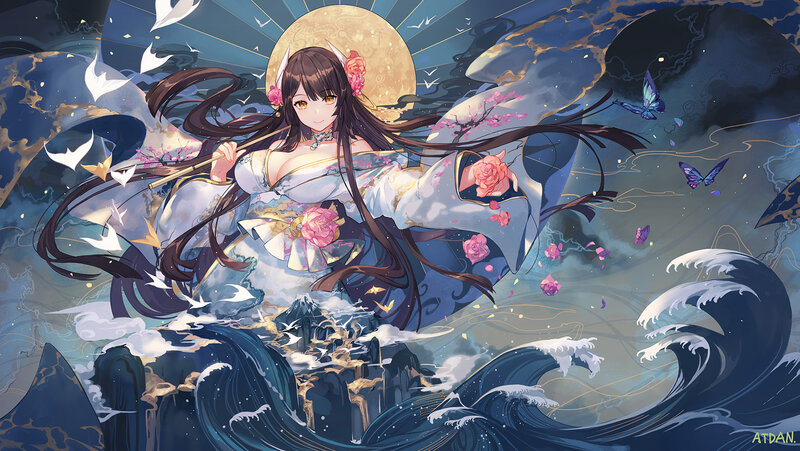 Anime Woman with Long Hair — Blue, Dramatic, Night, Digital Art, Moon