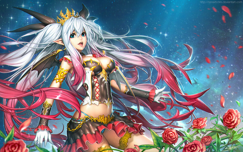 Anime Woman with Long Hair — Blue, Dramatic, Night, Digital Art, Rose Petals