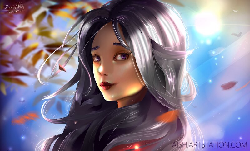 Anime Woman with Long Hair — Blue, Serene, Autumn