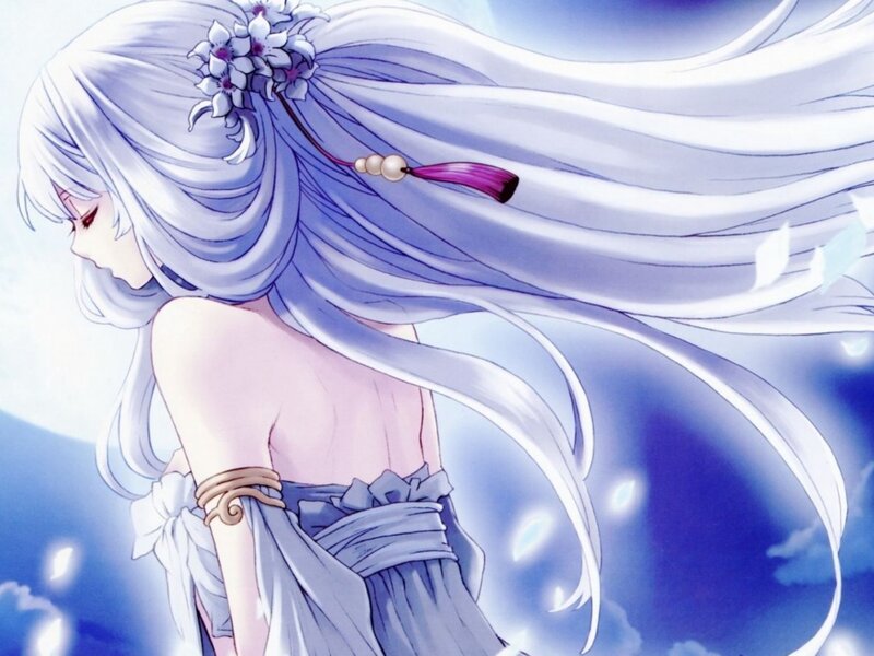 Anime Woman with Long Hair — Blue, Serene, Flowers