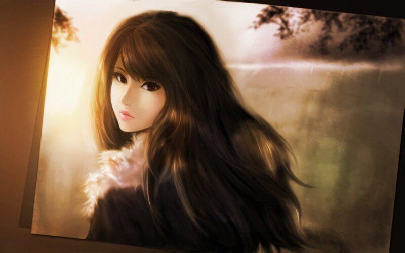 Anime Woman with Long Hair — Brown, Dramatic, Sunset