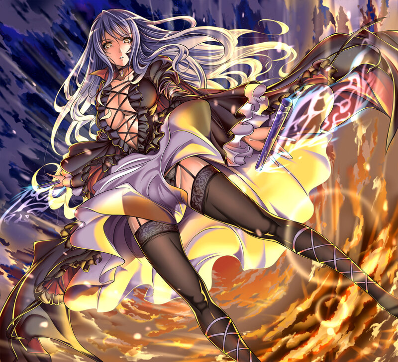 Anime Woman with Long Hair — Purple, Dramatic, Digital Art, Sword, Magic