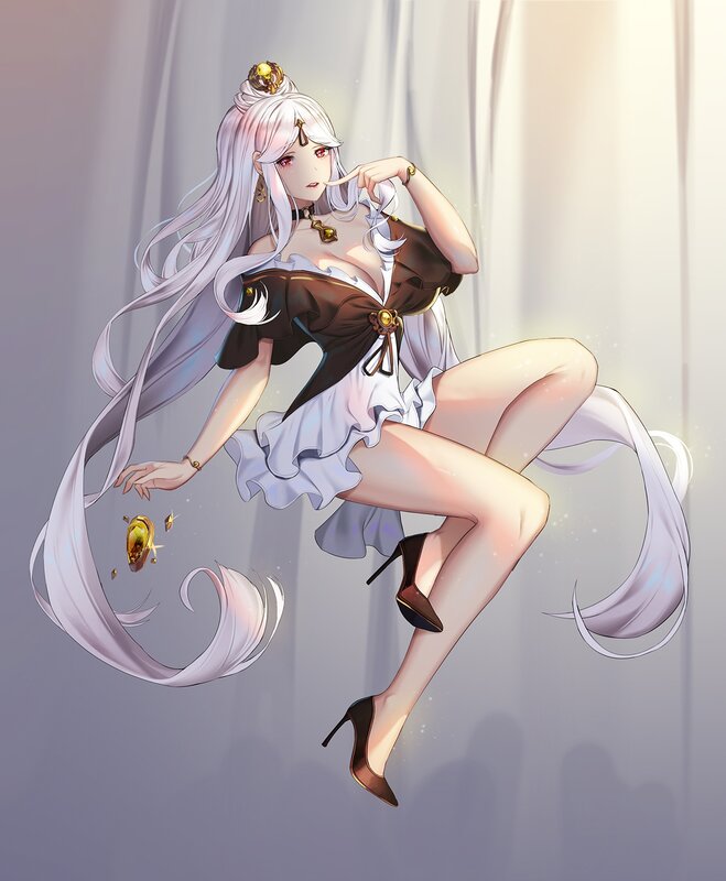 Anime Woman with Long Hair — White, Dramatic, Digital Art, High Heels