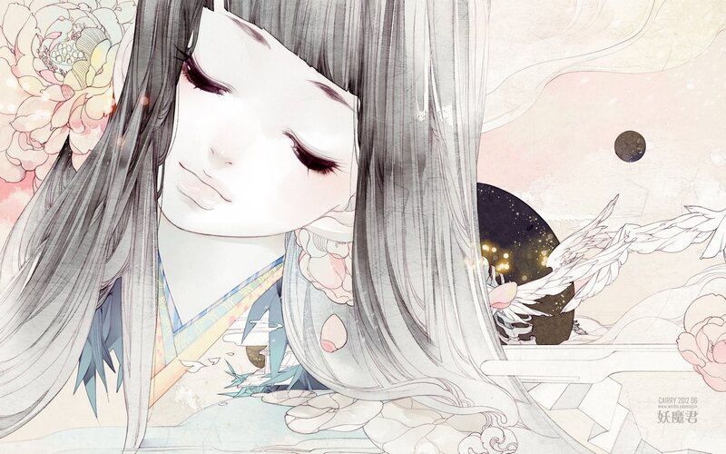 Anime Woman with Long Hair — White, Serene, Night
