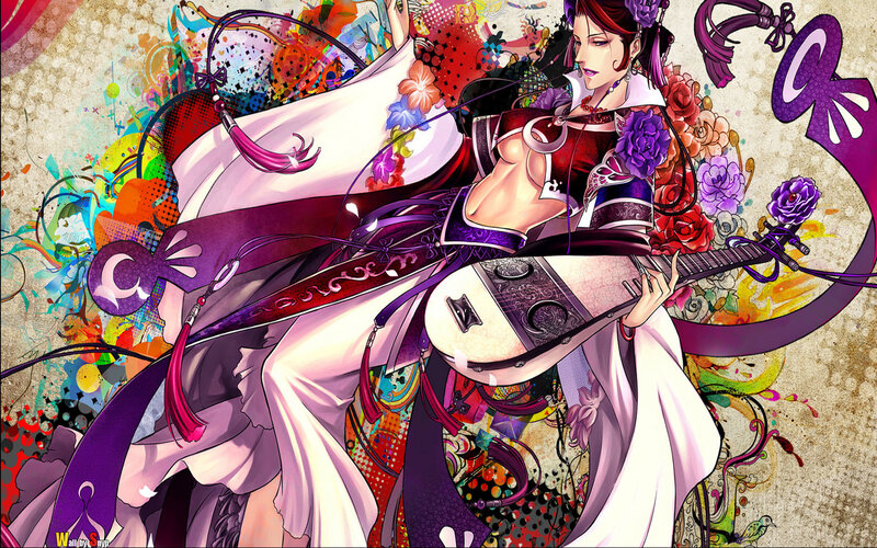 Anime Woman with Lute — Purple