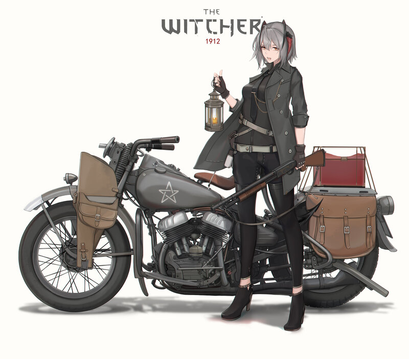 Anime Woman with Motorcycle — Gray