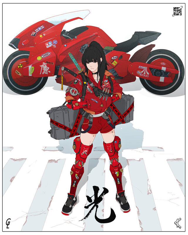 Anime Woman with Motorcycle — Red, Dramatic