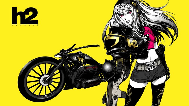 Anime Woman with Motorcycle — Yellow, Dramatic