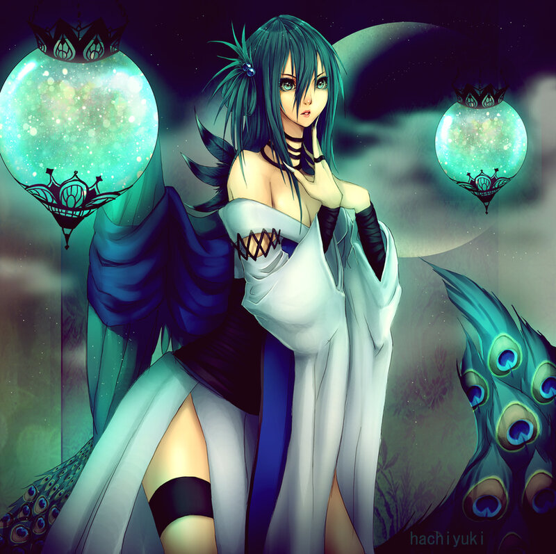 Anime Woman with Peacock Feathers
