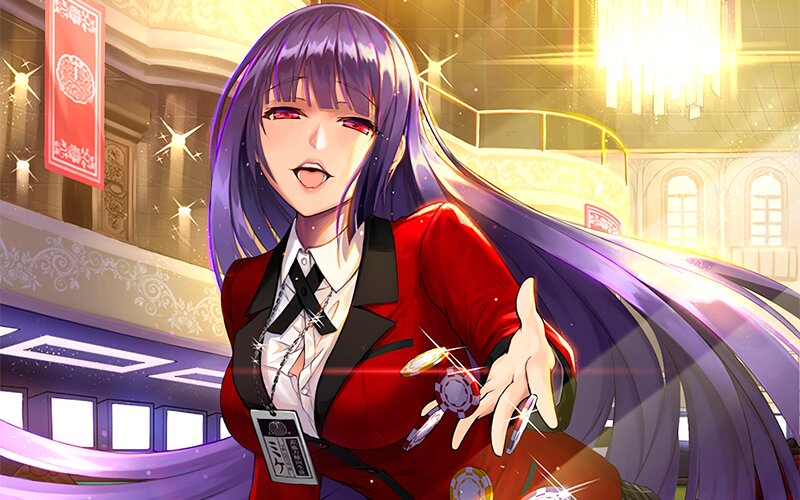 Anime Woman with Purple Hair — Dramatic, Casino Chips