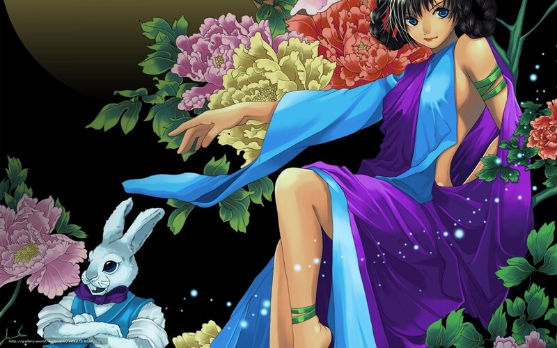 anime woman with rabbit and flowers
