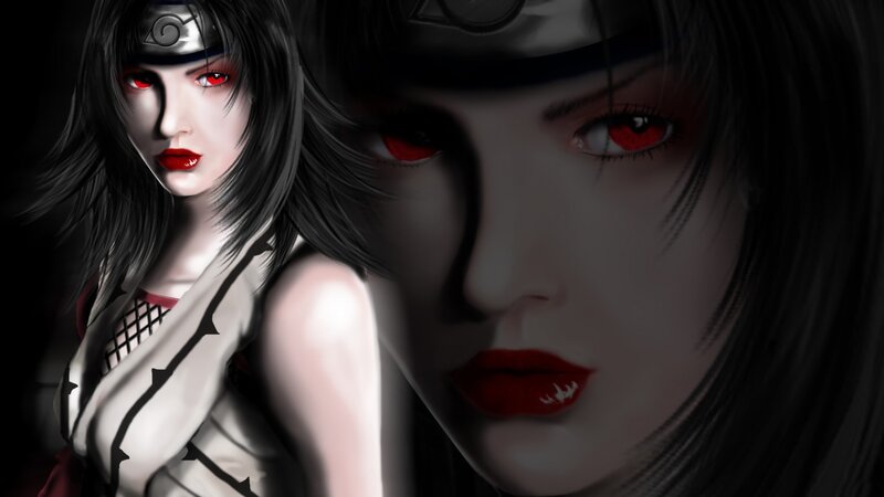 Anime Woman with Red Eyes — Black, Dramatic, Digital Art, Red Eyes, Headband