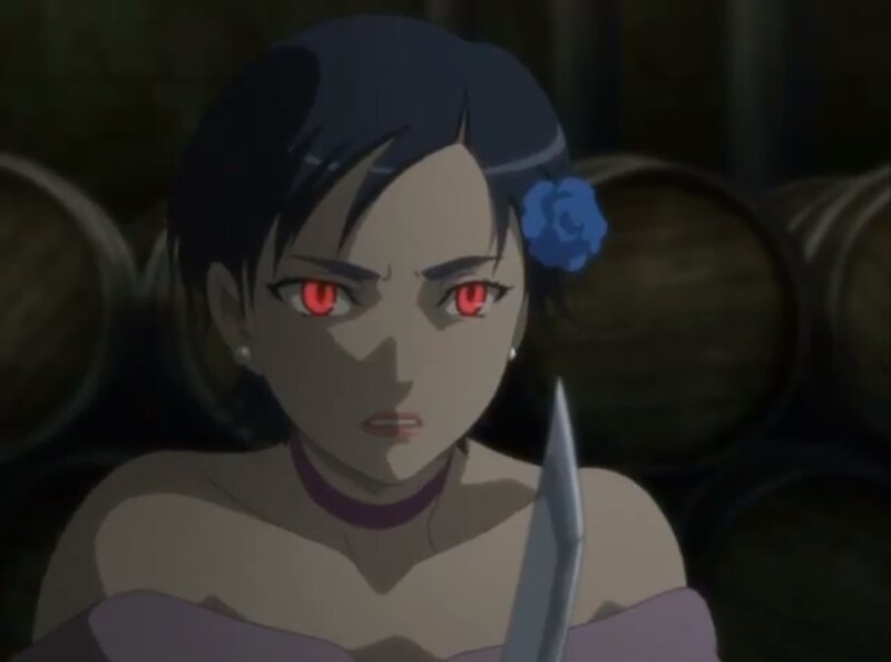 Anime Woman with Red Eyes — Black, Dramatic, Night, Knife