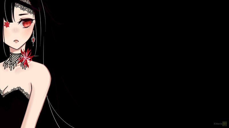 Anime Woman with Red Eyes — Black, Dramatic, Red Flower