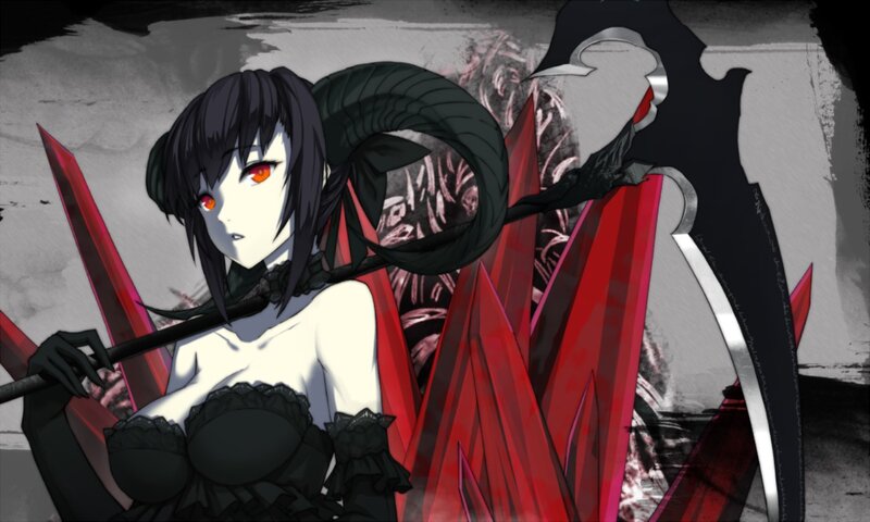 Anime Woman with Red Eyes — Black, Dramatic, Scythe