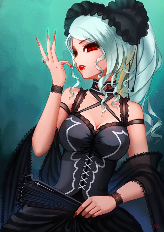 Anime Woman with Red Eyes — Blue, Dramatic, Digital Art