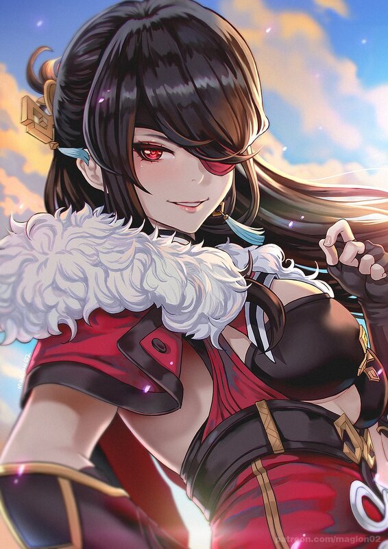 Anime Woman with Red Eyes — Dramatic, Sunset