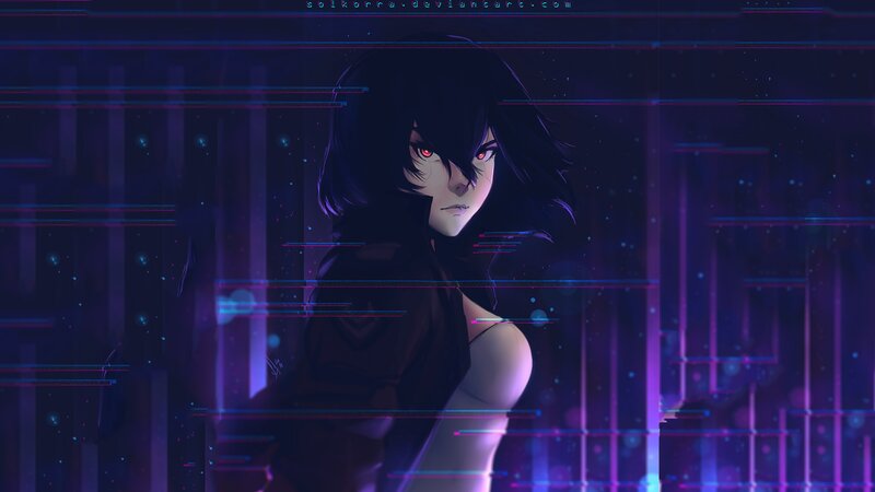 Anime Woman with Red Eyes — Purple, Dramatic, Night, Digital Art