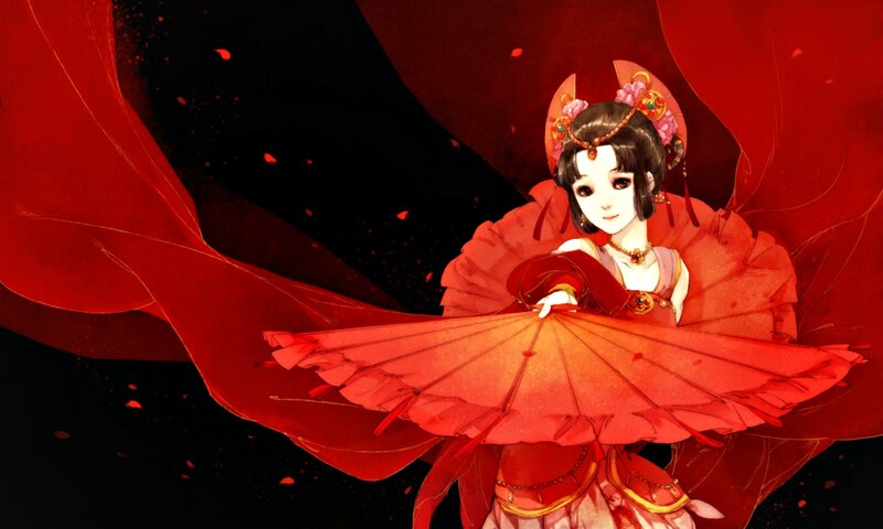 Anime Woman with Red Fan — Dramatic, Night
