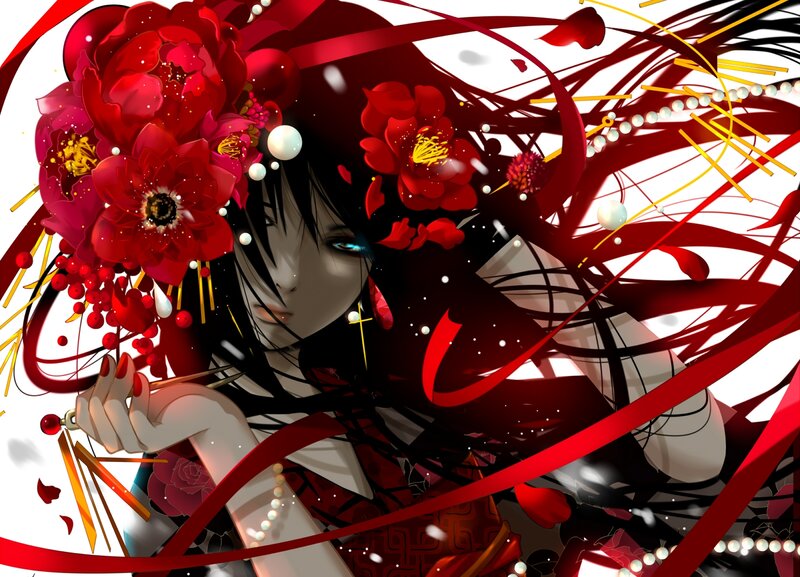 Anime Woman with Red Flowers — Dramatic, Digital Art