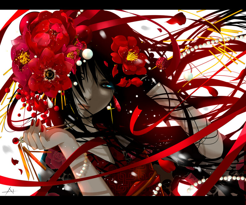 Anime Woman with Red Flowers