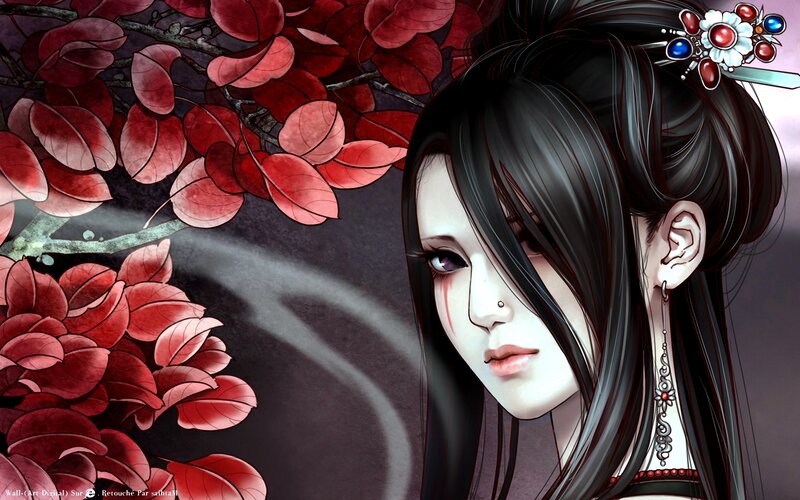 anime woman with red leaves