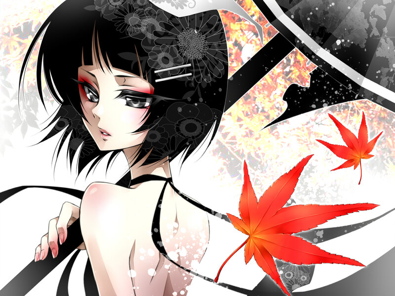 Anime Woman with Red Leaves — Black