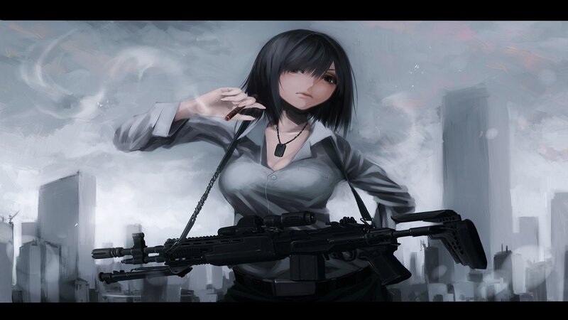 Anime Woman with Rifle — Gray, Dramatic, Digital Art, Cigarette